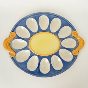 NEW Pistoulet by Pfaltzgraff Ceramic Deviled Egg Platter Blue Yellow Whimsical